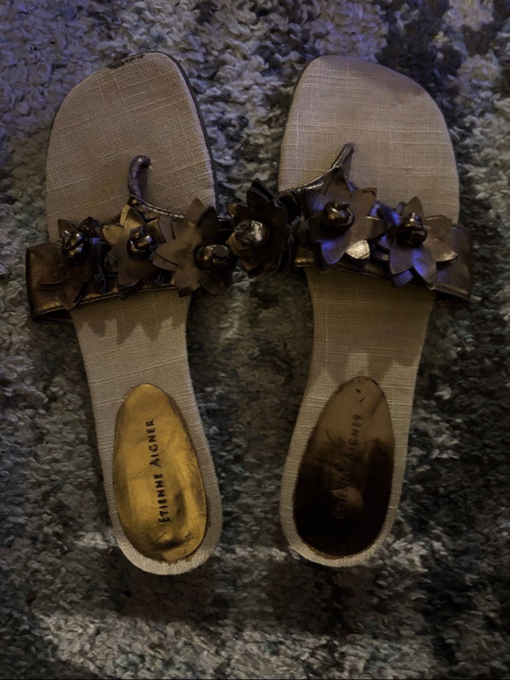 Etienne Aigner Brown Floral Slide Sandals with Metallic Accents